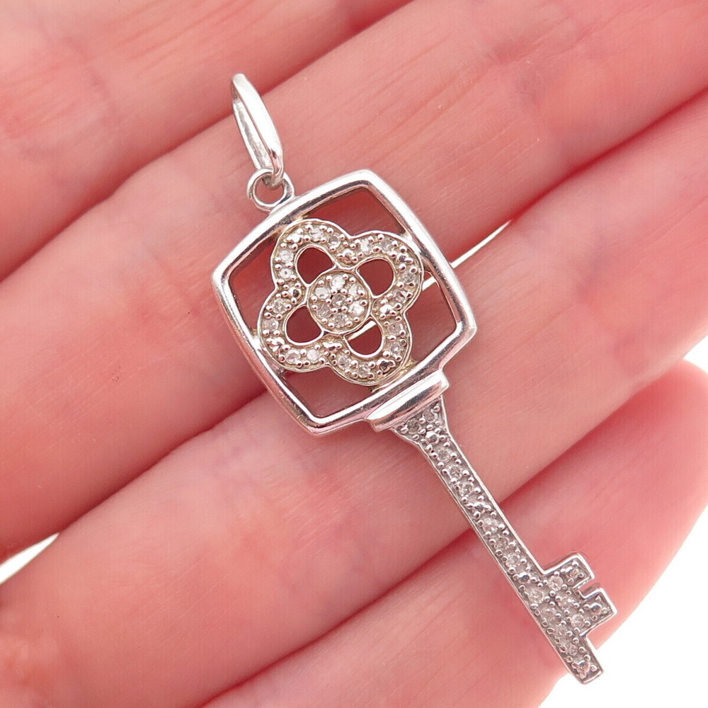 925 Sterling Silver Real Round-Cut Diamond Floral Key Charm Pendant